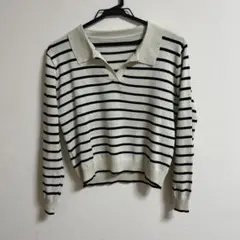 アイボリー・黒ストライプ ポロネックニット
