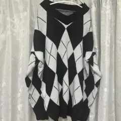 ダイヤモンド柄 ブラック・ホワイト ニット L