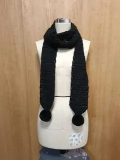 ハンドメイド 手編み ロングマフラー 黒 ポンポン付き 約240cm アクリル
