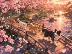ボーダーコリーと柴犬・2匹の猫が桜咲く橋を歩く夕景のデジタルイラスト風 c34