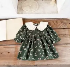 【新品】ベビー ワンピース 長袖 花柄 グリーン 80 女の子服♡お出かけ・撮影