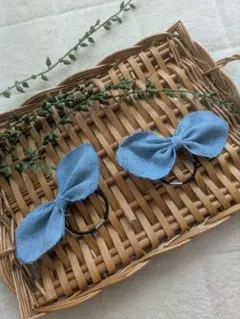 青いリボンヘアゴム2個セット