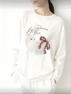 【ラス1お値下げ不可】猫プリント ホワイトルームウェア　ジェラートピケ