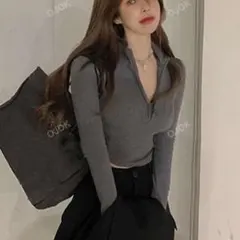 ショート丈 ニット グレー ハーフジップ 韓国 クロップ丈 トップス