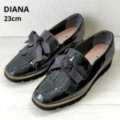 DIANA【23cm】エナメルリボン付きローファー　スタッズ　軽量厚底　ブラック