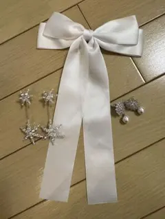 ホワイトリボンとクリスタルアクセサリーセット