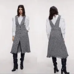 ZARA ジャンパースカート ツイード ワンピース フリンジ 千鳥格子 S