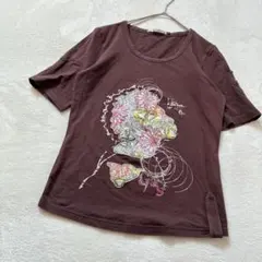ガス 半袖カットソー Tシャツ 花柄プリント ブラウン 茶色 ボタン Sのサムネイル