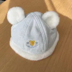 ミキハウス　水色 耳付きベビー帽子 くまさん刺繍