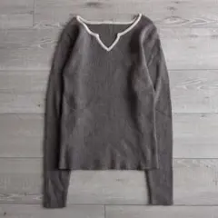 y2k 00s vintage 配色ライン リブニット Vネック グレージュ