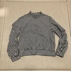 チェック柄フリルネック長袖シャツ