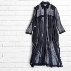 メッシュ ルーズシャツワンピース 長袖 ロング ブラック シャーリング 黒 F