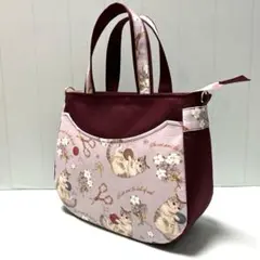 ハンドメイド　ラウンドトートバッグ　猫柄　ボルドー