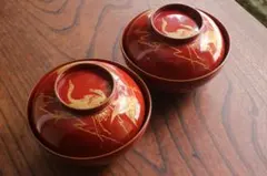 デッドストック！時代上質朱漆に優美な菊鳥蒔絵の映える大椀2点（検