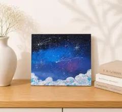 幻想的な海の風景画 星空 オイルパステル画原画 ハガキサイズ 絵画