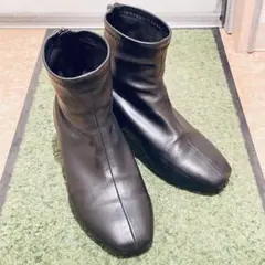 23～23.5 幅広4E黒 ブラック ストレッチ スクエアトゥ ショートブーツ