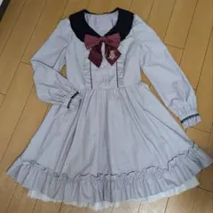 美品SecretHoney　グレーフリルカラー長袖ワンピース　リボンタイMサイズ