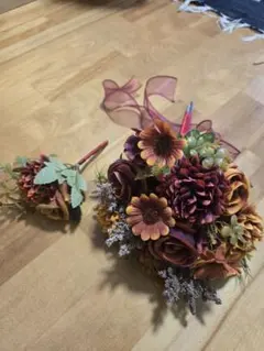 ウェディングブーケ ブートニア 赤 橙 造花