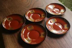 ほぼ未使用 茶道具 木製朱塗 蒔絵付 中皿 金縁 8枚組 干菓子器 丸皿