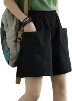 ショートパンツ 3L ハーフパンツ ウエストゴム 通気性 綿麻 夏 ブラック 黒