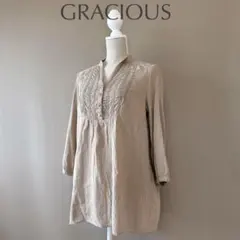 【GRACIOUS】M-L　茶　七分袖ブラウス　麻混シャツ　カジュアルトップス
