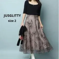 JUSGLITTY ラインフラワーフロッキースカート ブラウン M 花柄のサムネイル