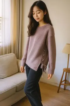 薄紫 サイドレースアップ ニットセーター (10月27日までの限定販売)
