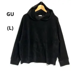 ⭐️美品ジーユー(L)ベロア調リブパーカー　プルオーバー　黒　シャイニー感