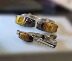 タイガーアイ ネクタイピンとカフスボタンセット