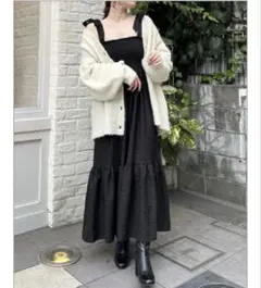 肩リボンぽこぽこシャーリングワンピース