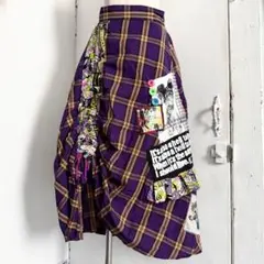 00s 紫チェック ロングスカート ボタン シャーリング y2k パンク ロック