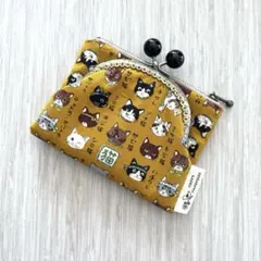 ハンドメイド☆ファスナーとがま口の一体型財布☆猫の顔☆からし色☆外ポケットタイプ