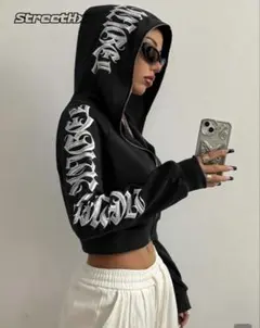 SHEIN ロゴプリント クロップド丈 ジップアップパーカー Sサイズ