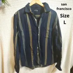 【オシャレ☆san francisco】紺　グレー　ストライプシャツ　サイズL
