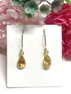 再販　宝石質　天然石　シトリン　枠留め　18KGP 一粒ピアス　No.A809
