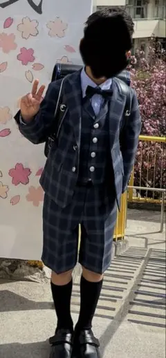 ネイビー チェック柄 スーツ (ショートパンツ)