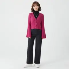 CECIL MCBEE ベルスリーブ リブニットカーディガン ピンク