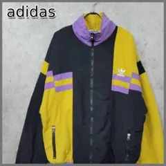 90s 古着 アディダス 希少 刺繍 ナイロンジャケット ブラック×イエロー