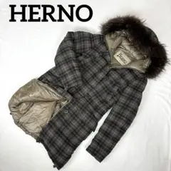 【美品】ヘルノ☆ダウンコート　ファー付き　チェック柄　サイズ44