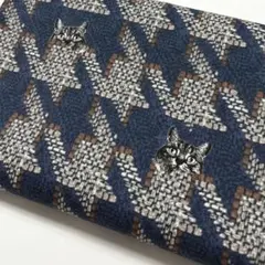 生地　ハギレ　隠れ猫　千鳥格子　ネイビー系　オックス地