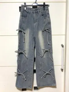 【シルバーウィーク限定値下げ】サイド3 リボン デニム パンツ サックスブルー