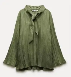 ZARA リンクルフィニッシュ リネンブレンド ボウタイブラウス