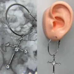 ピアス 18g 片耳 ビッグ フープ 十字架 クロス ジルコニアダイア 韓国