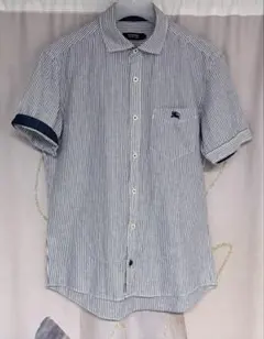 バーバリー ブラックレーベル コットンリネン ネイビーストライプ 半袖シャツ