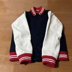スタジャン ネイビー×ホワイト 袖レザー