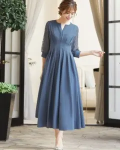 【新品】GIRL☆レーススリーブXラインキーネックロング結婚式ワンピース　ブルー