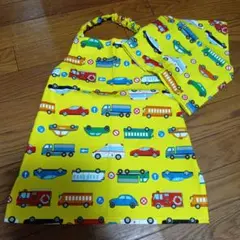 ハンドメイド☆子供用☆エプロン☆三角巾☆2点☆100☆110☆働く車☆黄色