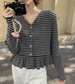 SHEIN DAZY レディース ストライプ カジュアル Vネック　長袖Tシャツ