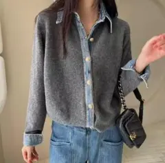デニム襟　ニット　ボタンニット　カーディガン ダークグレー大人気秋冬　体型カバー