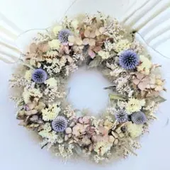 ルリタマアザミと秋色紫陽花のドライフラワー ハーフリース スワッグ